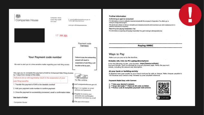 The scam letter. Letter claims to be from Companies House and asks recipient to complete a payment for Enhanced Web Filing Access. On reverse of letter under the subheading 'Paying HMRC' there's a section on 'Ways to Pay', including a QR code. 