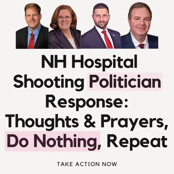 On a white background, headshots of Governor Chris Sununu, Senator Sharon Carson, Senator Daryl Abbas, and Senator Bill Gannon appear at the top. Below is text that reads, “NH Hospital Shooting Politician Response: Thoughts & Prayers, Do Nothing, Repeat.” Politician and Do Nothing have a light red background. At the bottom of the graphic text reads, “Take Action Now.”