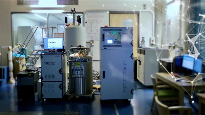 Full-color image of the ssNMR instrument fully installed in the basement at Frick Lab.