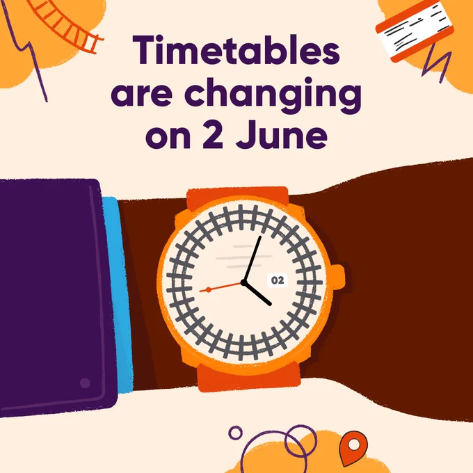 Graphic of an orange watch on a wrist. Text: Our timetables are changing on 2nd June