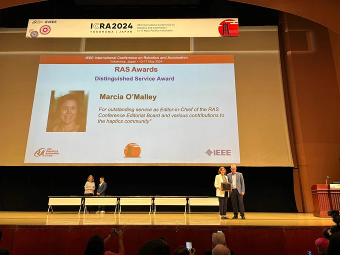 Dr. O'Malley received her award at the IEEE International Conference on Robotics and Automation. Yokohama, Japan, May 2024. 