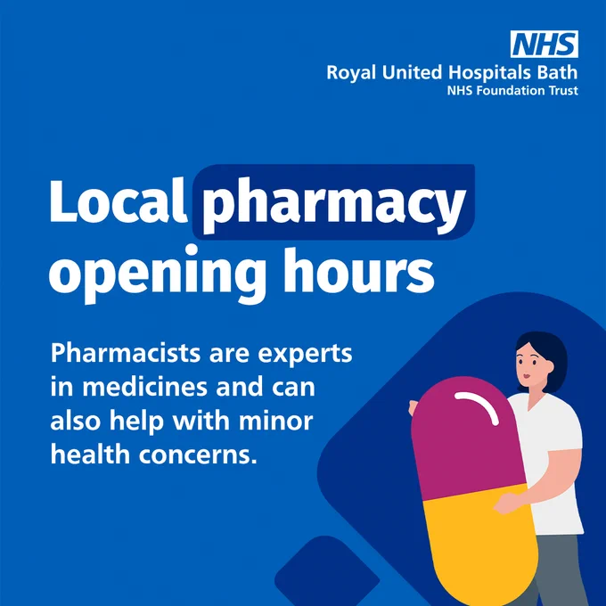 Illustration of a pharmacist holding an oversized pill. Text reads 'Local pharmacy opening hours. Pharmacists are experts in medicines and can also help with minor health concerns.'