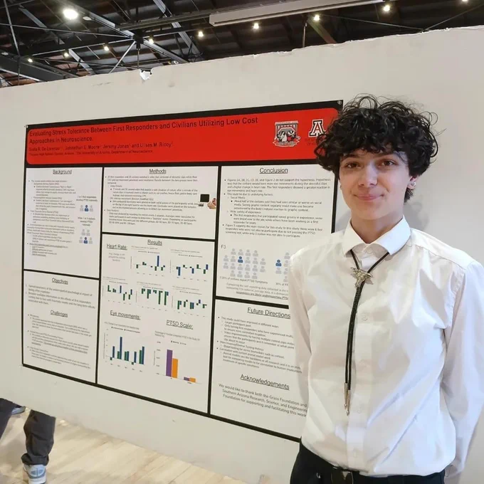 Sofia R. De Lorenzo presenting her award-winning research on stress tolerance in first responders versus civilians. A teenage girl dressed in white standing in front of a poster that summarizes her science project.