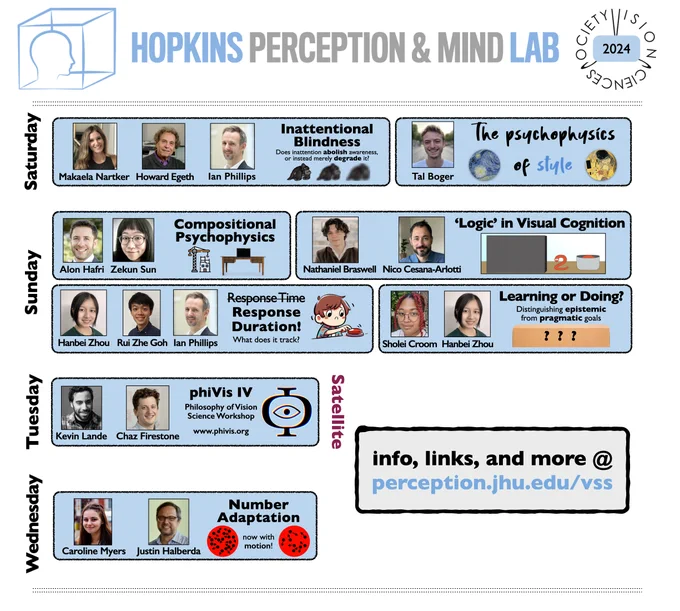 A flyer highlighting different projects from the Perception & Mind Lab at Johns Hopkins University, to be presented at the 2024 meeting of the Vision Sciences Society.