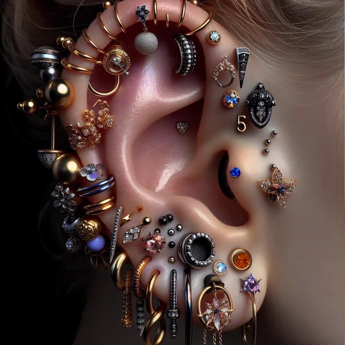 Art: An ear with many piercings. 