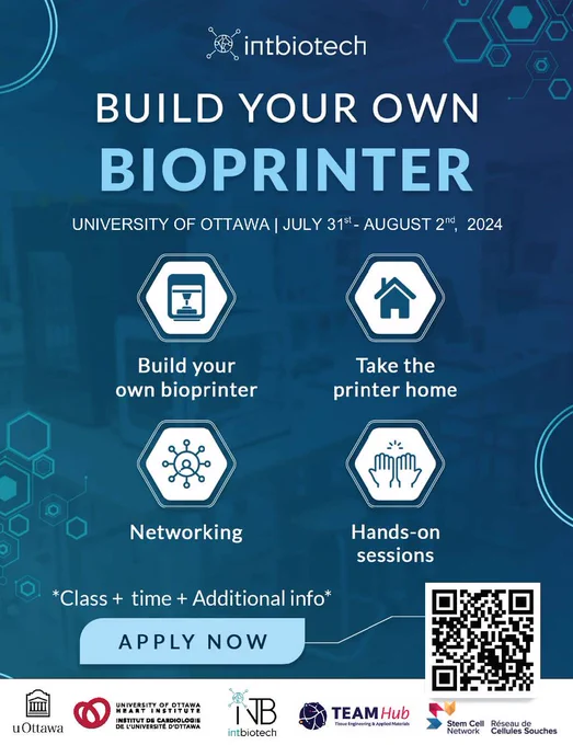 A poster inviting the community to participate in the first "build your own bioprinter" event at University of Ottawa. The poster contains icons that describes the different activities and sponsors.