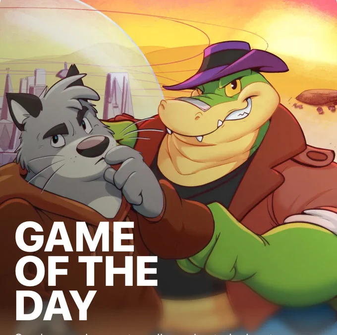 Brok and Graff pose in front of a skyline while the sun is setting behind a hill. Brok, the gator, has a huge smirk on his face and is wearing a purple hat and red coat. Graff, the cat, has on a red sweatshirt and a thinking face with his fingers on his chin. The text on the image reads "Game of the day" in white.
