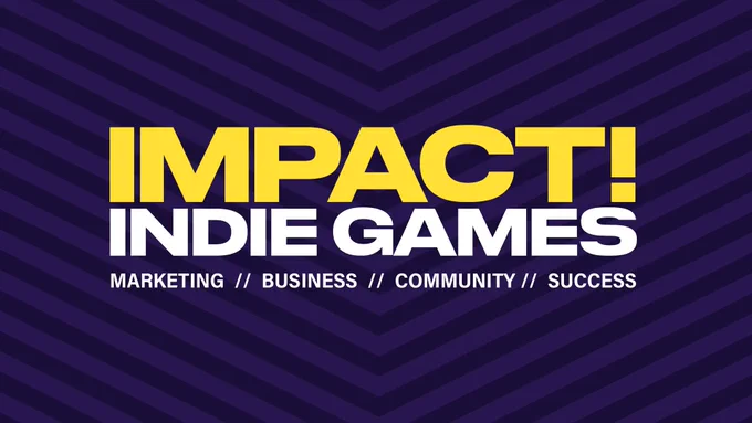 Impact indie games logo with the text marketing, business, community, success 