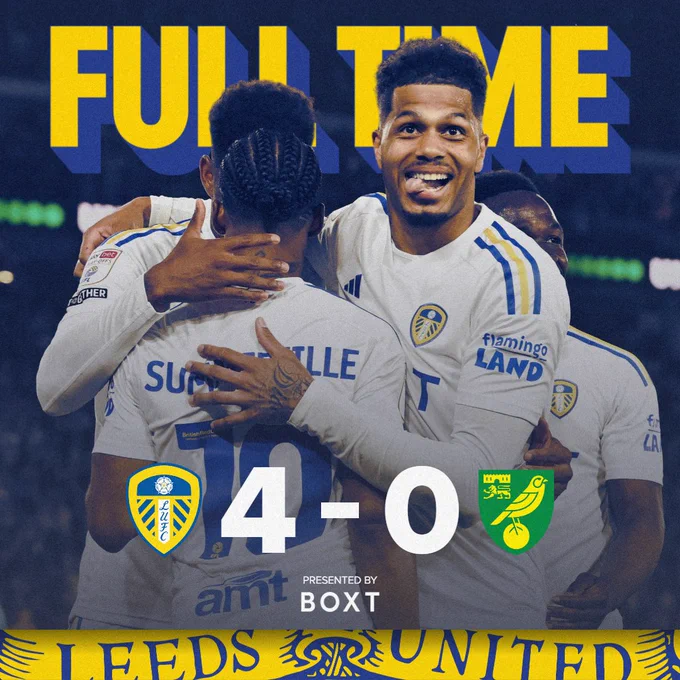 Full-time graphic showing Leeds United 4-0 Norwich City.