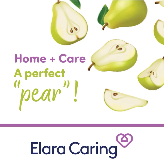 "Home   Care, A Perfect Pear" surrounded by illustrations of whole, halved and quartered pears.