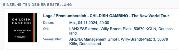 Screenshot einer Bestellbestätigung für Tickets für die Childish Gambino The New World Tour