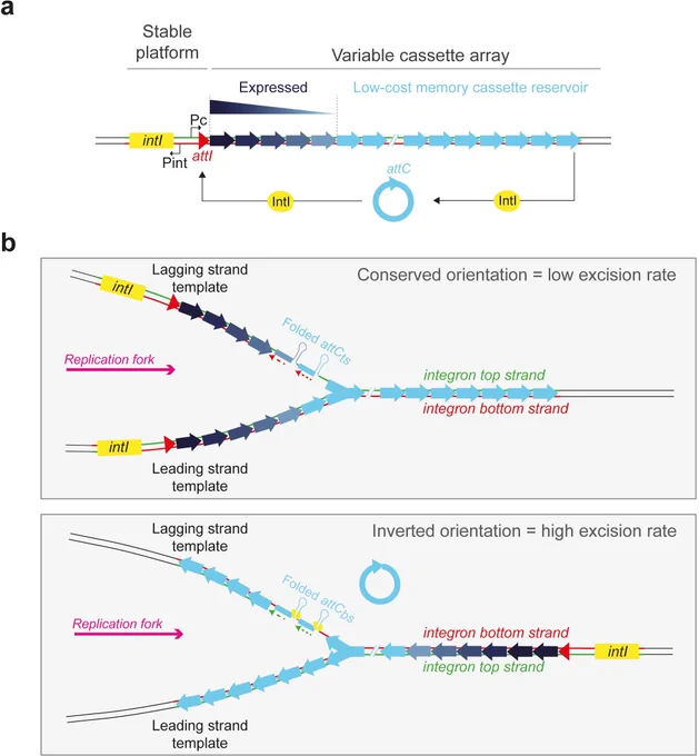 Fig 1. from the study depicting the integron system and the importance of its orientation towards replication.  Read the full caption at https://journals.plos.org/plosgenetics/article?id=10.1371/journal.pgen.1011231 