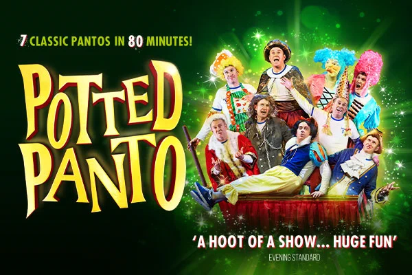 Artwork for Potted Panto with Dan and Jeff dressed in lots of different costumes for the show.