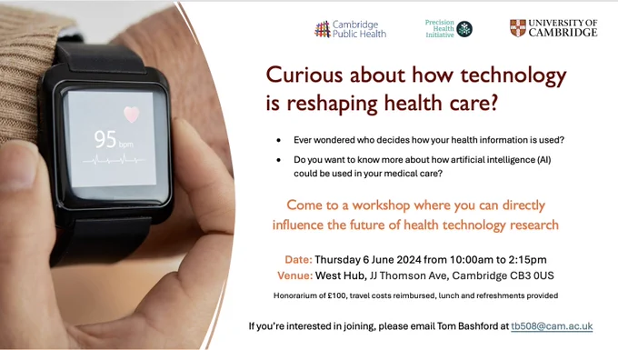 Come to a workshop where you can directly influence the future of health technology research

Date: Thursday 6 June 2024 from 10:00am to 2:15pm
Venue: West Hub, JJ Thomson Ave, Cambridge CB3 0US