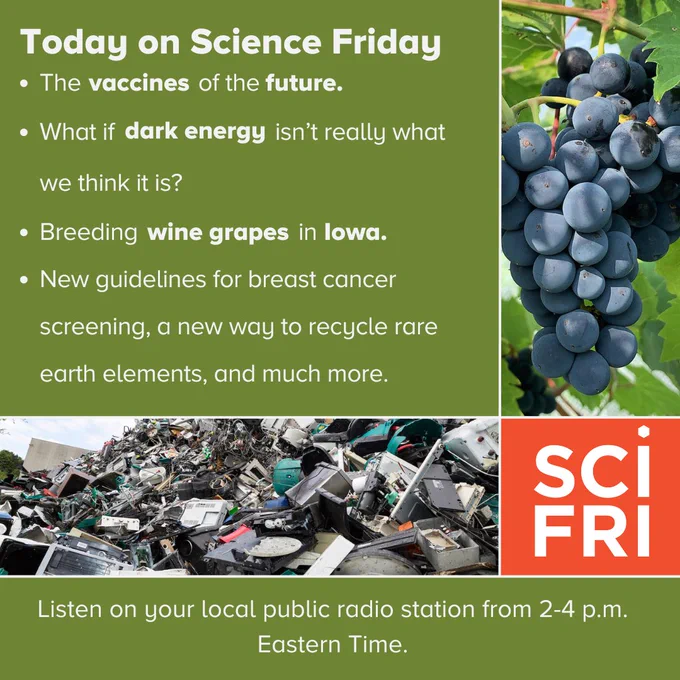 Today on Science Friday
  
The vaccines of the future
What if dark energy isn’t really what we think it is?
Breeding wine grapes in Iowa.
New guidelines for breast cancer screening, a new way to recycle rare earth elements, and much more.
Listen on your local public radio station from 2-4 p.m. Eastern Time.
