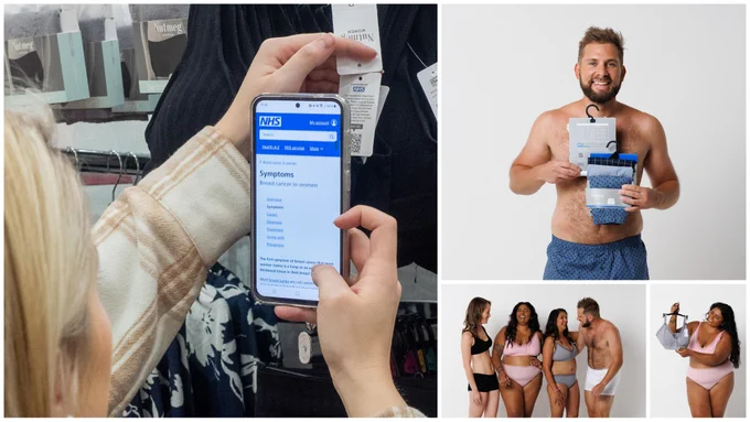 A photo shows a woman's hand holding her phone screen up to a label in a bra on a shop rail. The phone screen displays the NHS website where breast cancer symptoms are described. In two other smaller photos we see a man and three other women modelling the pants and bras, smiling and holding up the product.