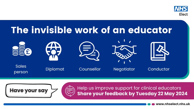 The invisible work of an educator. Sales person, diplomat, counsellor, negotiator, conductor. Have your say. Help us improve support for clinical educators. Share your feedback by Tuesday 22 May 2024.