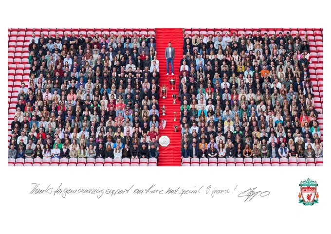 Photography of Jürgen Klopp with Liverpool staff at Anfield.

Under the photo there is a message from Klopp reading: "Thank you for your amazing support over these most special 9 years!"