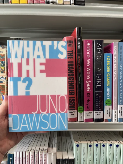 Copy of Juno Dawson's book "What's the T?" front facing in front of a bookshelf 