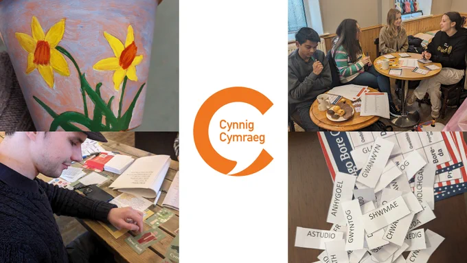 A collage of photos from some of the Welsh events organised by Discovery. The photo also includes the Cynnig Cymraeg logo.
