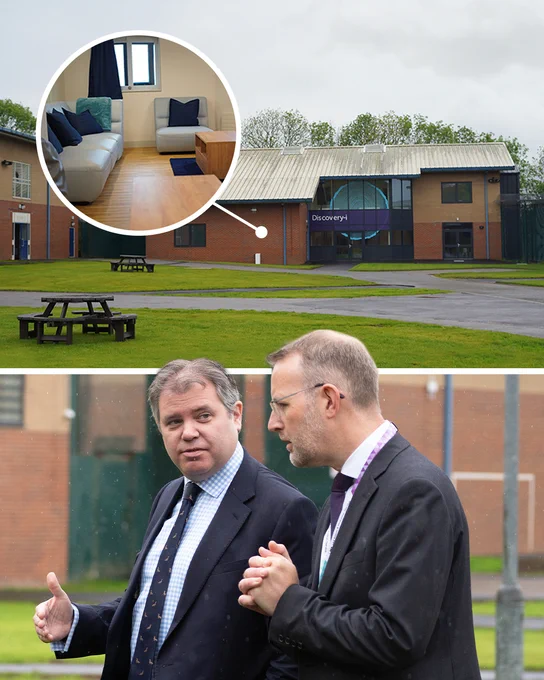 A magnified view of an interior room at Oasis Restore Secure School inset on an image of a two-story school building labeled "Discovery-i" surrounded by a green lawn and benches. 

Bottom: Prisons and Probation Minister Edward Argar engaging in conversation with the Executive Director at the Youth Custody Service Ed Cornmell during the pre-opening of Oasis Restore Secure School. 