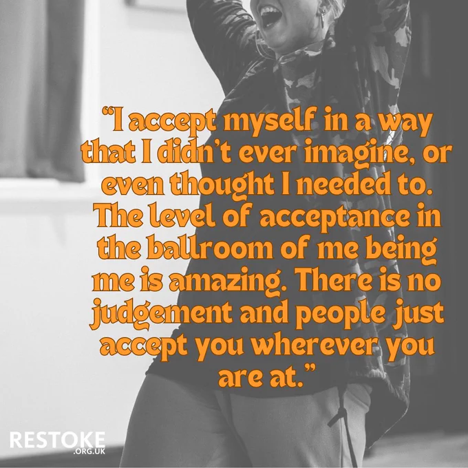 A black and white image of a woman with her arms up and mouth open with joy. The quote reads "I accept myself in a way that I didn't ever imagine or even thought I needed to. The level of acceptance in the ballroom of me being me is amazing. There is no judgement and people just accept you wherever you are at"