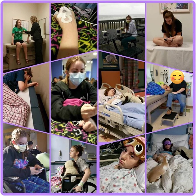 A collage of 12 photos in which Moe is pictured as a teenager, battling her condition. Many images depict her in a hospital, doctors office or wheelchair.