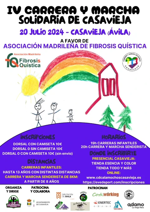 Cartel de la carrera con logo de personas dibujadas corriendo con arco iris de fondo, árboles y una iglesia. Con Logos de los patrocinadores e info que podéis encontrar en la web sobre la inscripción.