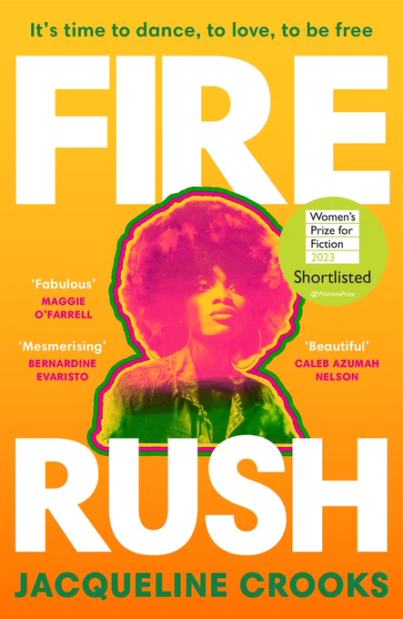 Book jacket with orange and yellow background and identifying text in white and green. In the centre, the image of a beautiful young Black woman with an afro, large gold hoops and a denim jacket