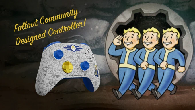 Fallout Community Designed Controller with controller visible next to some vault boys. Controller has blue triggers, bumpers, and back, whilst having a Fallout front plate and a yellow dpad. 