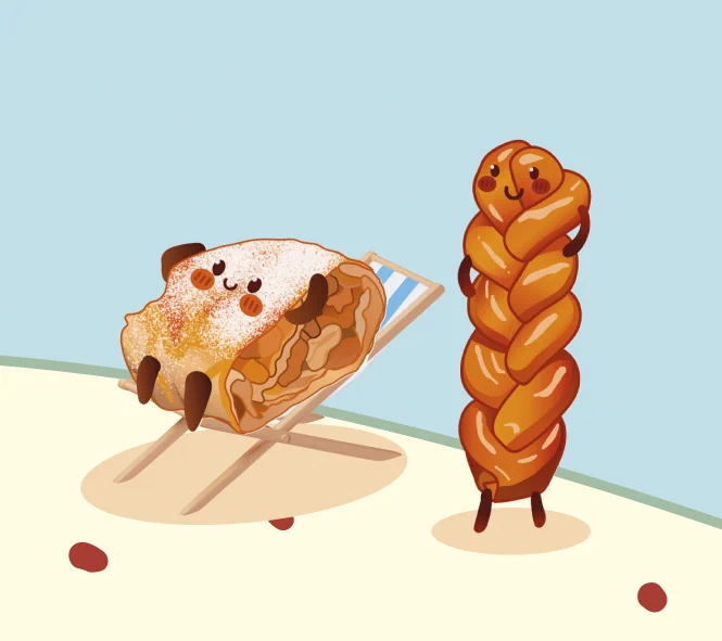 Two dessert cartoon characters relaxing in the sun