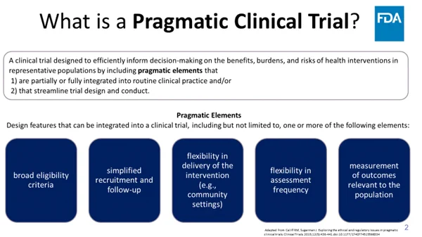FDA logo top right.
What is a pragmatic clinical trial? A clinical trial designed to efficiently inform decision-making on the benefits, burdens and risks of health interventions in representative populations by including pragmatic elements that 1) are partially or fully integrated into routine clinical practice or 2) that streamline trial design and conduct. Pragmatic elements - Design features that can be integrated into a clinical trial including but not limited one or more of the following elements: broad eligibility criteria, simplified recruitment and follow-up, flexibility in delivery of the intervention (e.g., community settings), flexibility in assessment frequency, measurement of outcomes relevant to the population.