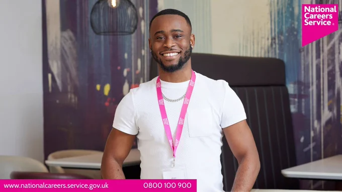A smiling careers adviser. Top right is the National Careers Service logo and bottom left reads: "www.nationalcareers.service.gov.uk / 0800 100 900".