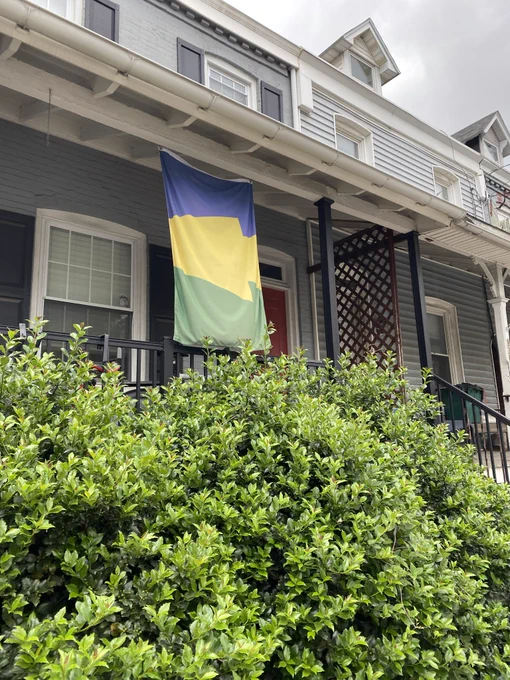 A flag commonly known as the Keystone Flag (a blue, yellow, and green tricolor flag with the middle section reshaped into a keystone) hanging vertically from the awning of a residential porch.