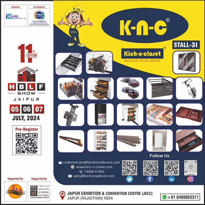 #ArchitectureExhibition #InteriorExhibition #Rajasthan #PHDCCI #PHDChamber #JaipurChapter #IID #RajasthanSolarAssociation #FSAI #FireAssociation #SecurityAssociation
Meet us at Stall - 31 on 05 to 07 July, 2024 at the 11th Edition of our HBLF Show at Jaipur (Rajasthan).

K n C
Contact: 
Mr. Kapil Tuteja -  91 9929091666
Mr. Sanjeev Jain -  91 9929799014

For inquiry via WhatsApp click: https://bit.ly/9929799014

Email: care@kich-n-closet.com
Website: www.kich-n-closet.com
