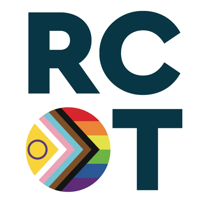 The RCOT logo, in the 'O' is the Progressive Pride Flag