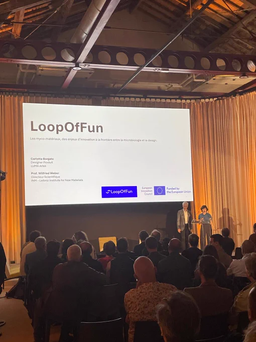 Prof. Wilfried Weber and Carlotta have given a presentation on Myco-materials innovation, at the frontier between microbiology and design 