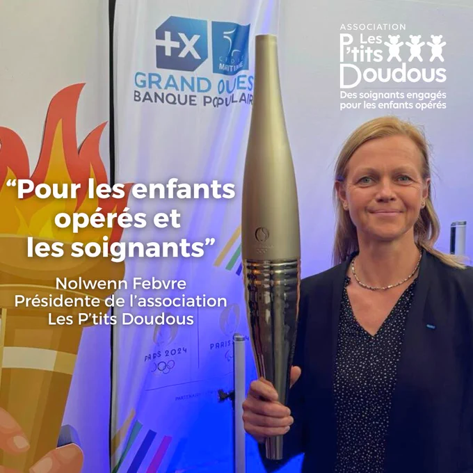 Nolwenn Febvre portera la flamme le 7 juin prochain à Brest. Une belle opportunité de mettre en lumière l'engagement des soignants des associations Les P'tits Doudous qui améliorent le vécu des enfants opérés depuis 2011. Retrouvez le communiqué de presse complet sur notre site lesptitsdoudous.org, rubrique actualité.