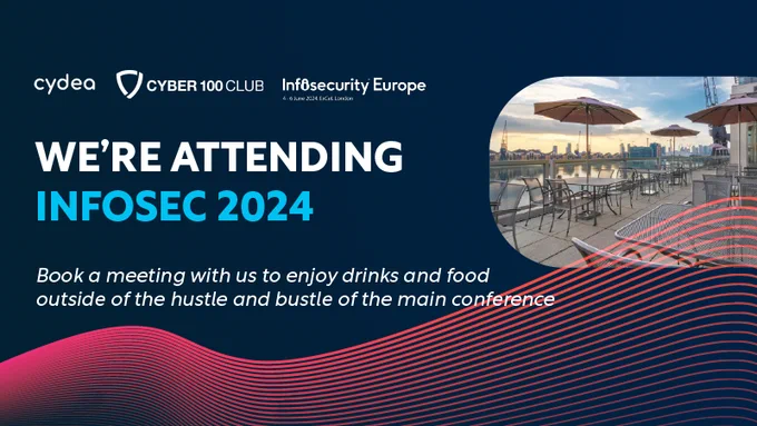 image of a summer terrace with seating and parasols on the Thames River with a view of London with the text ‘We’re attending Infosec 2024 come and join us away from the hustle and bustle of the conference'