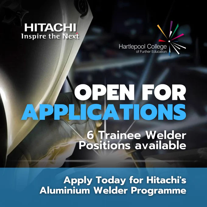 Join Hitachi's Trainee Aluminium Welder Programme! Training with @hartlepoolfe   a 6-month placement at
@HitachiRailENG
Apply by June 10th, 2024. Must be 18 .   
Email CV: HitachiRailTraineeWelder@Hartlepoolfe.ac.uk  #TransformingLives #HitachiTrainees #ApplyToday