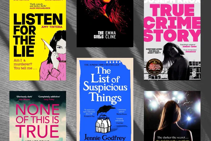 book jackets include listen for the lie by Amy Tintera, the girls by Emma Cline, true crime story by Joseph Knox, the list of suspicious things by Jennie Godfrey