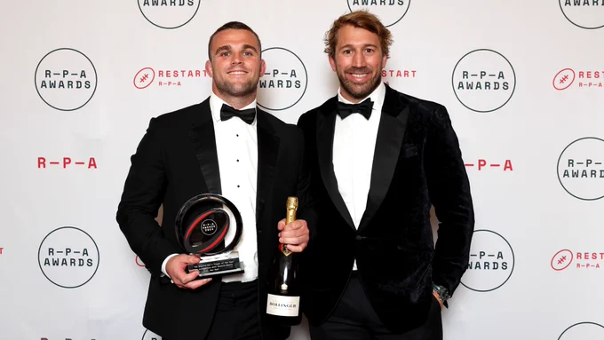 Winner of England Men’s Player of the Year, Ben Earl poses with Chris Robshaw during the RPA Awards at Grand Connaught Rooms on May 29, 2024 in London, England