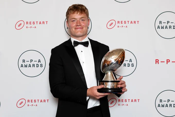 Fin Smith poses with The RPA Men’s Players’ Player of the Year Award during the RPA Awards at Grand Connaught Rooms
