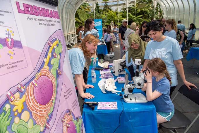 Glasgow Science Festival team members running an activity at the Glasgow Botanic Gardens, with a child looking in a microscope. 