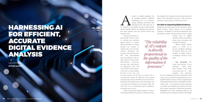 A digital magazine is shown with a cover reading Harnessing AI for efficient, accurate digital evidence analysis by Kaci Hardin. The second page shows the text with a large quote in red text in the center.