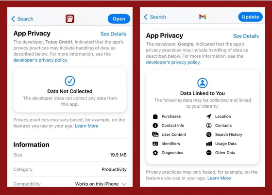 Picture of Tuta's app store information and Gmail's app store information.