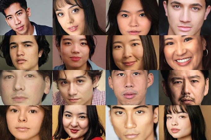 A photo showing sixteen headshots of performers 