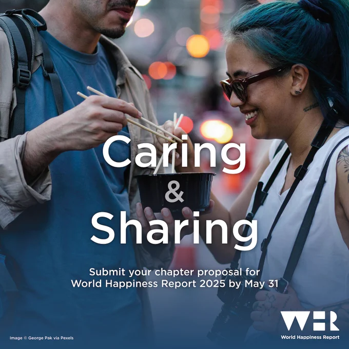 Graphic with the title "Caring & Sharing", plus text "Submit your chapter proposal for World Happiness Report 2025 by May 31".