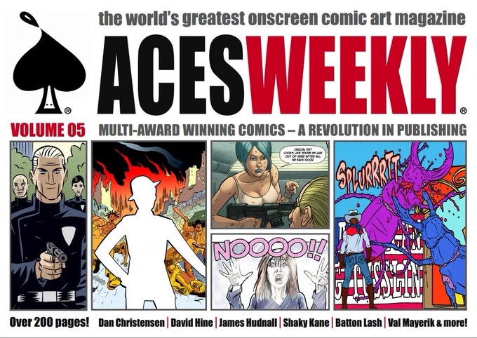 Aces Weekly is the exclusively online comics art magazine published by David Lloyd, featuring top talent from across the planet in massive and continuous 7-part anthologies.  Available by  subscription at just £1 per week or through individual purchase from www.acesweekly.co.uk