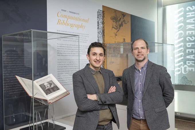 Curator of the "Inventing Shakespeare" exhibit, Sam Lemley and Associate Professor of English Christopher Warren, who led the Print & Probability project that identified the printers of the Fourth Folio.